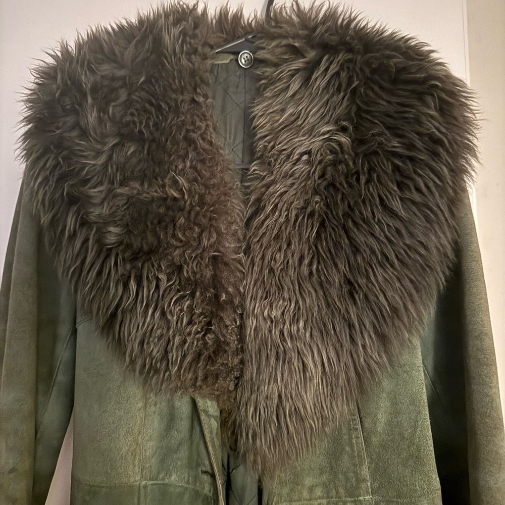 Vintage Green suede  Jacket with Fur Collar